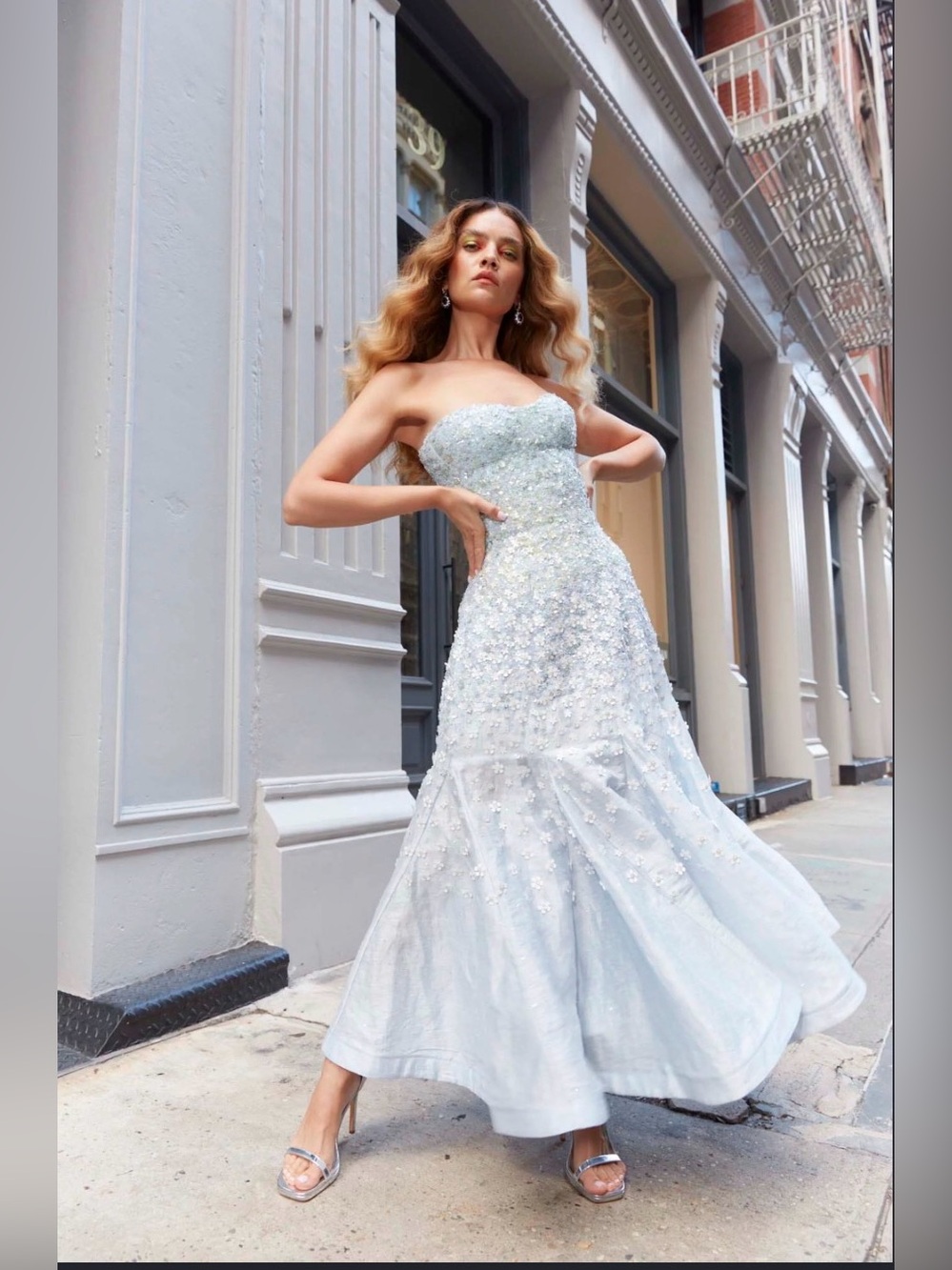 LA FUORI Vasilisa Petale Ice Blue Sequin Silk Gown